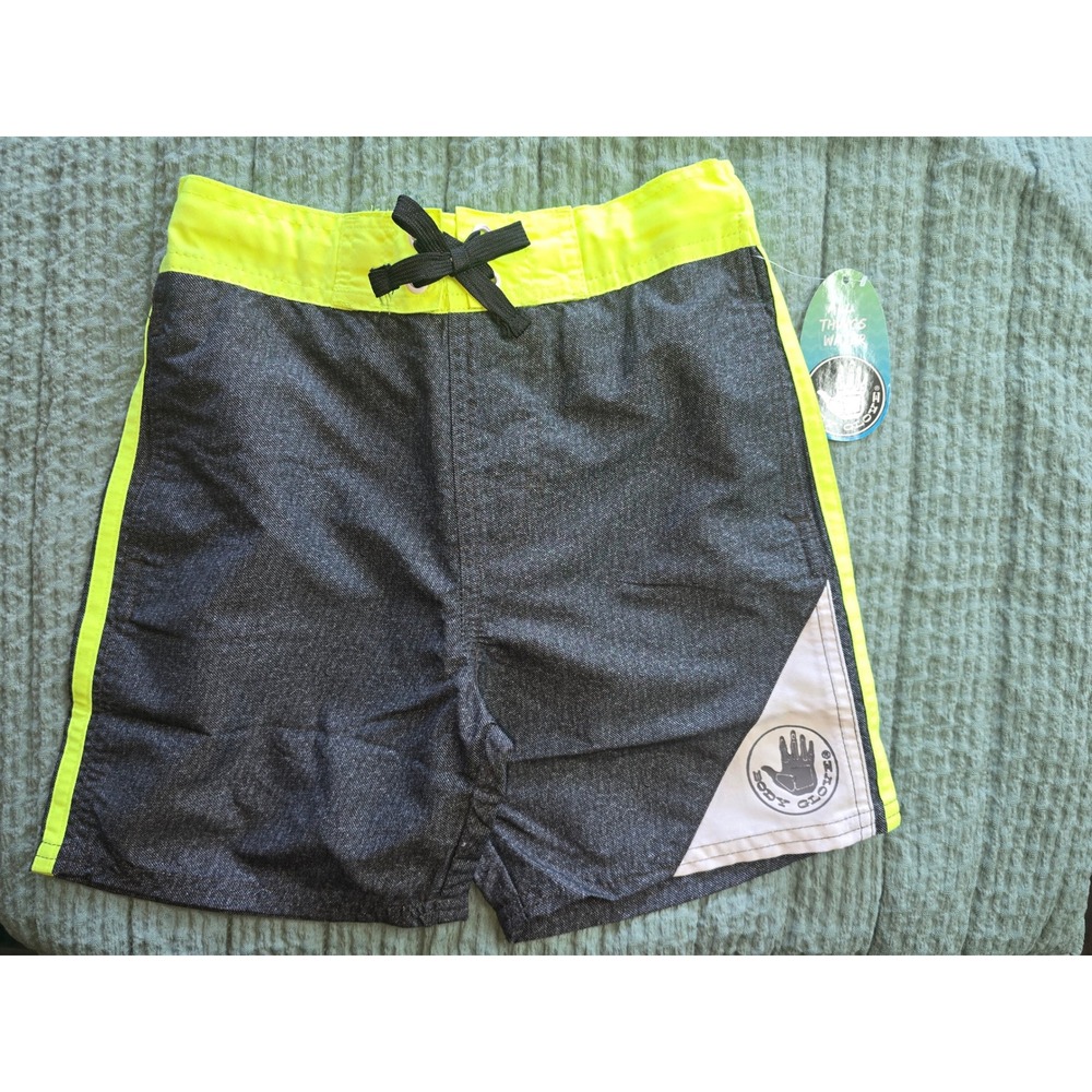 MWT Body Glove Swim Trunks Charcoal Neon Yellow Board Shorts Boys 5/6